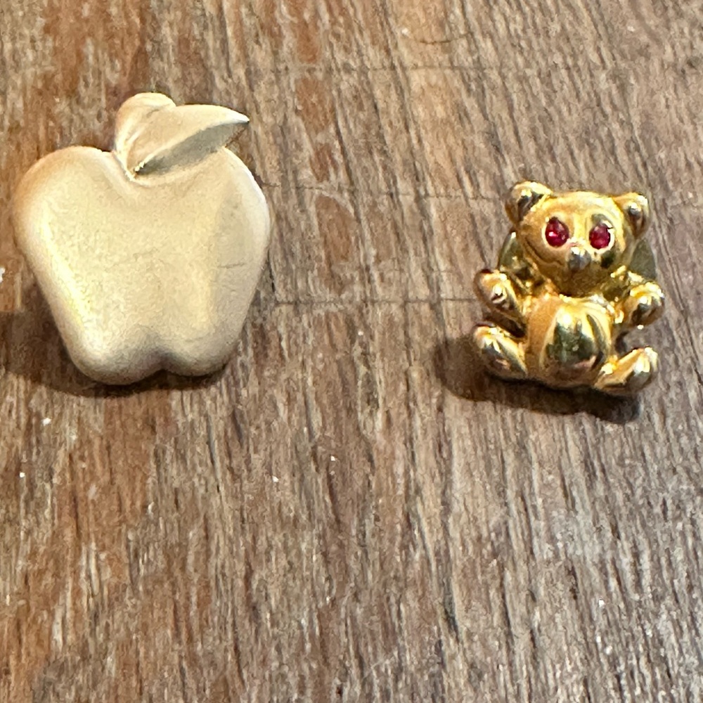 Vintage Gold Apple and Gold with Ruby Eyes Bear Pins